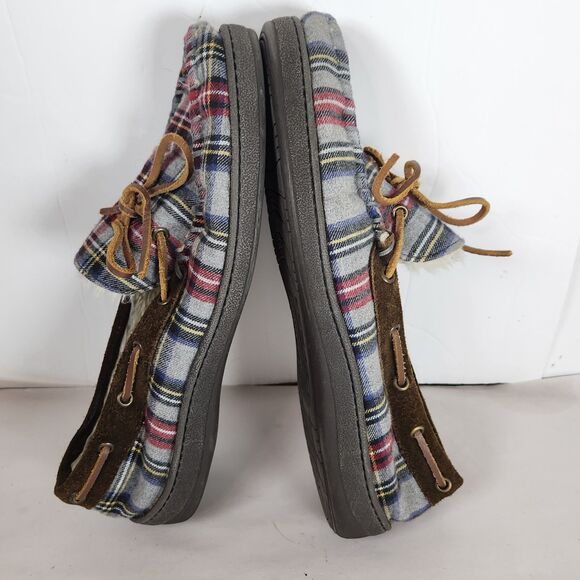 Brooks‎ Brothers Slippers Mens Size 12M Gray  Plaid Textile Leather sherpa Lined - Picture 6 of 9